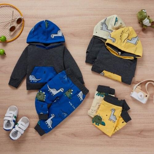 2Pcs Toddler Tracksuit Baby Boys Clothes Color Dinosaur Print Long Sleeve Hoodie with Pocket + Trousers Autumn Outfits