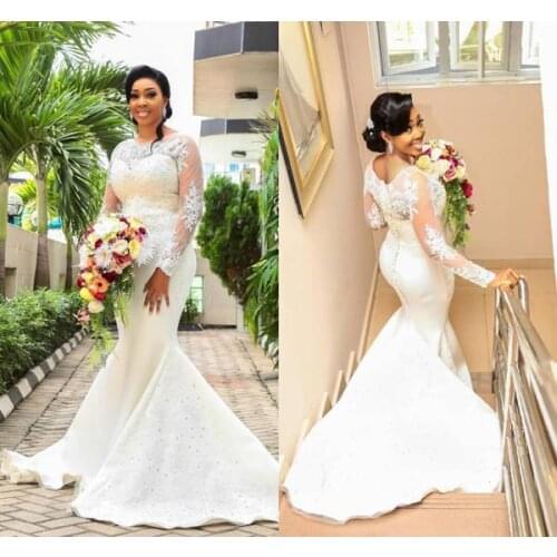 African Wedding Dresses Mermaid Jewel Lace Applique Satin Bridal Gowns Long Sleeve Plus Size Wedding Gowns For Garden