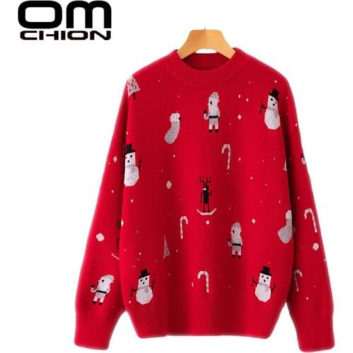 OMCHION Autumn And Winter 2021 New Korean Style Snowman Christmas Sweater Women Casual Loose Red Pullover Oversized Jumper BW65