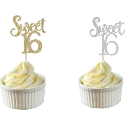 10pcs Gold & Silver & Blue Glitter Sweet 16 Birthday Cupcake Toppers Birthday Party Decorations Favors Cake Decorations Picks,Q
