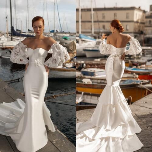 Spring Fashion Mermaid Wedding Dresses Detachable Long Sleeve Tiered Skirts Bridal Gowns Sweep Train robes de mariée Bride Dress