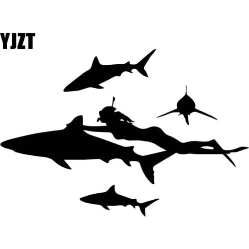 YJZT 13CM*19.2CM Deep Sea Adventure Diving Dangerous Shark Car Personality Sticker Hot Decal Black/Silver C30-0540