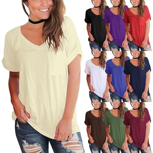 Femme Punk Oversized Short Sleeve Solid Women V Neck T shirt Pocket Loose Female Tops 2018 Fashion Casual Plus Lady Tees T-shirt