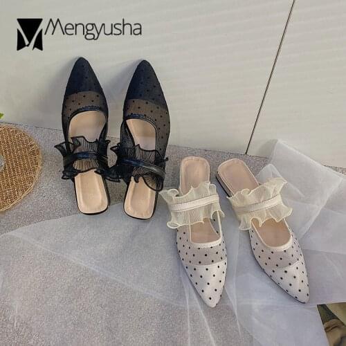 Polka Dot pointed toe ruffles slingback mesh gladiator sandals women mules thick low heel shoes woman lace slip on sandalias2020
