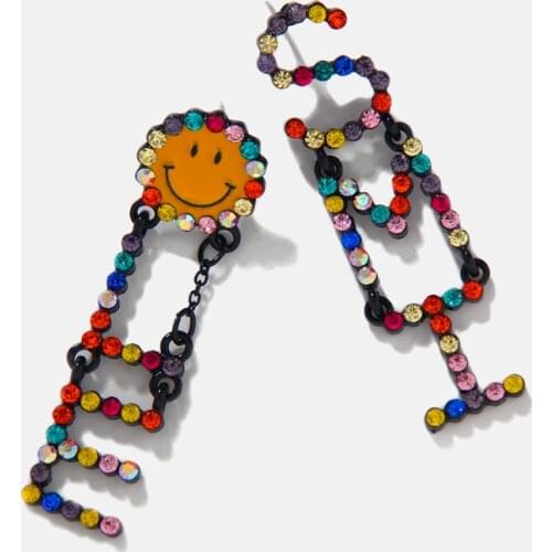 Dvacaman 2020 Bohemian Multicolor Alphabet Smiley Rhinestone Beads Long Drop Earrings for Women Fashion Jewelry Pendant Earrings