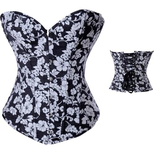 Womens Punk Corset Noble Black Bottom Printed Corset Rubber Bone Tucked up Adjustable Gothic Plastic Top