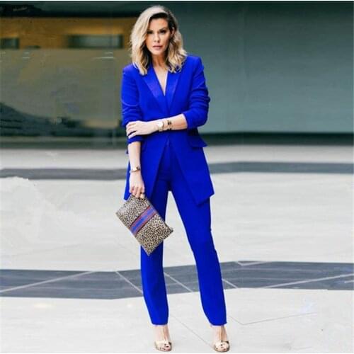 Spear Collar No Chest Pocket Single Row 1 Button Royal Blue Suits Women Jacket+trousers Female Ladies Blazers Pants