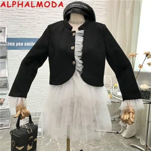 ALPHALMODA Velvet Jacket Coat + Ruffled Ball-gown Skirt Women 2pcs Set Pleated Gauze Stitching Slim Outfit Skirt Set