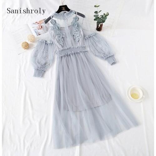 Sanishroly Two Pieces Women Lace Dress Spring Autumn Sweet Beading Lantern Sleeve Mesh Dress Female Long Dresses Vestidos CD019