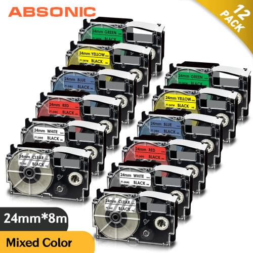 Absonic 12PK Multicolors Compatible Casio XR-24WE XR-24X XR-24RD XR-24BU XR-24YW XR-24GN 24mm Label Tape for Casio Label Maker