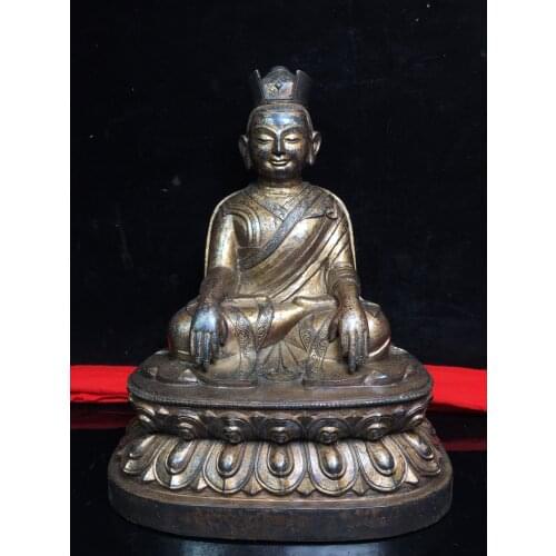 Home Decor 11"Tibet Temple Old Bronze Cinnabar Lacquer Guru Buddha Statue Tibetan Buddha Buddhist teacher Enshrine the Buddha