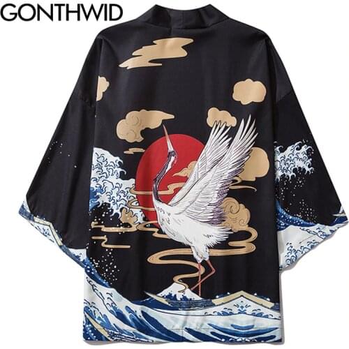 GONTHWID Harajuku Crane Seawave Print Japanese Kimono Cardigan Shirts Mens Summer Hip Hop Casual Open Front Jackets Coats Tops