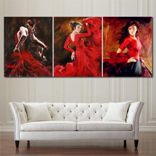 Hand Painted Oil Paintings Canvas Flamenco Dancer Spanish woman Bright Red Dress Figure Art For Wall Decor Set of 3 High quality