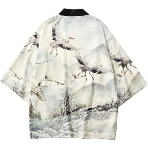 14 Style Crane Print Kimono Men Women Harajuku Japanese Style Traditional Cardigan Yukata Streetwear Haori Obi Oversize 4XL