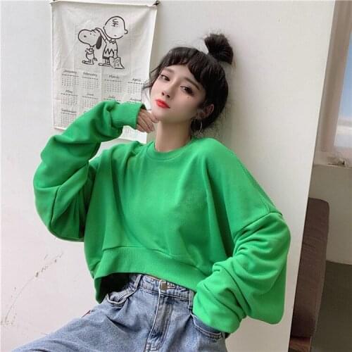 Korean Clothes Casual Style Loose O-neck Pullovers Crop Top Fashion Brand Hoodies Oversized Womens Clothing Sweatshirts New