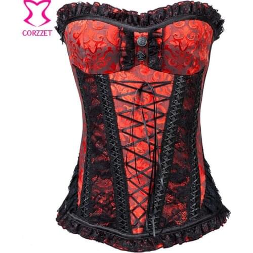 Red Brocade&Black Lace Side Zipper Gothic Corset Steel Bone Overbust Sexy Corsets And Bustiers Women Corselet For Slimming Waist