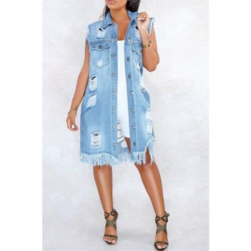 Sleeveless Jacket Women Denim Vest Coat Summer Outerwear Cotton Frayed Jeans Vest Jacket Women Ripped Tassels Vintage Jean Vests
