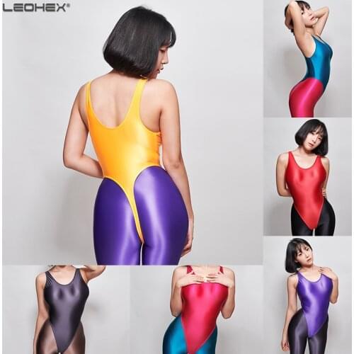 LEOHEX Japanese Swimsuit Sukumizu Leotards Sexy High-Cut Bikini Thong Bodysuit Women Glitter Shiny One Piece Swimwear Bathing