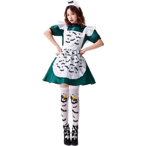 Magic Bat Maid Costume Evil Bat Cosplay Green Maid Dress Girls Woman Halloween Party Costumes