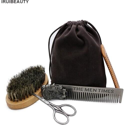 Beard Shaping Kit Shaving Brush Comb Scissor Set Men Hair Styling Face Hair Removal Mustache Trim Accessory Tool With Box