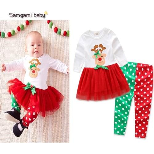 2017 New Baby Girl Lovely Deer Long Sleeved Tops Shirts+pants 2pcs Christmas Suits Kids Children Clothes Sets