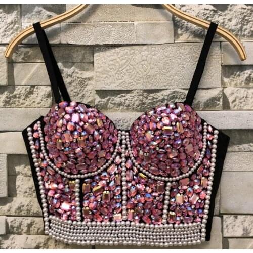 New Purple pink red orange Bead Bustier Pearls Diamond Push Up Night Club Bralette Womens Bra Cropped Top Vest Plus Size D04