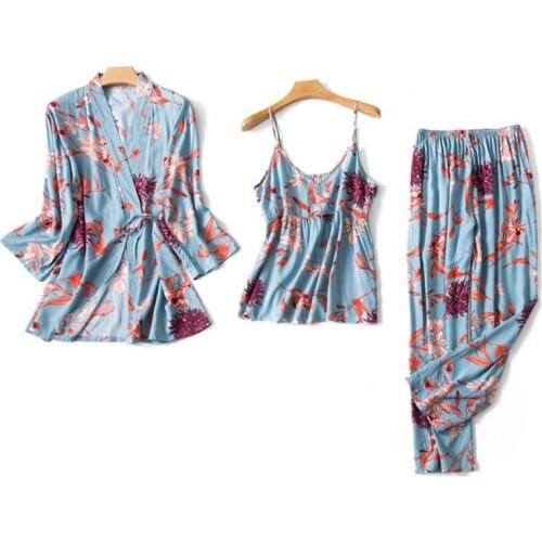 New underwear three-pieces womens dot satin pajamas sets long sleeve autumn long pants pyjamas sets female sexy nightwear