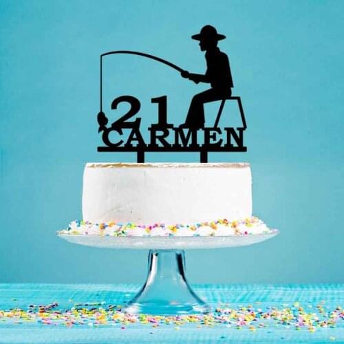 Personalized Mens Birthday Cake Topper Custom Name Age Man Fishing Cake Topper For Mens Birthday Party Cake Decoration YC113