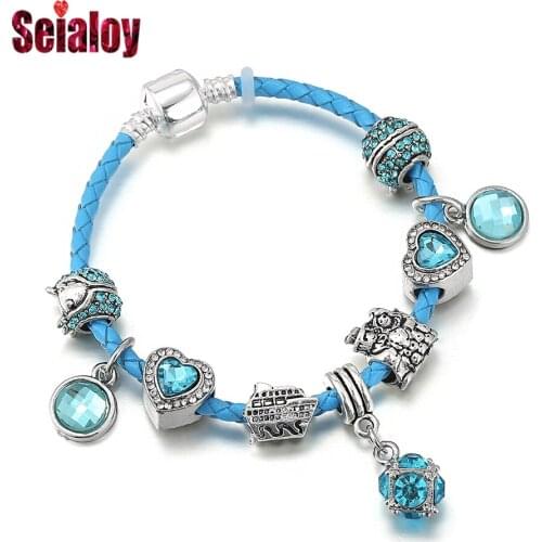 Seialoy Bohemian Blue Crystal Love Ocean Beaded Couple Charm Bracelets For Women Men Original Cyan Leather Braided Bracelet