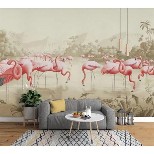 Custom 3D wallpaper mural hand-painted European retro flowers and birds landscape flamingo idyllic mural background wall