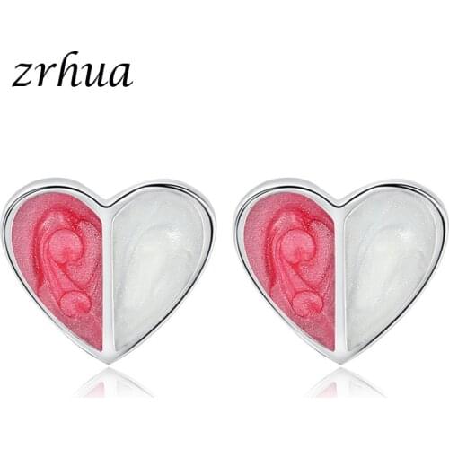 Romantic Heart Silver Color Stud Earrings for Women Female Unique Candy Color Cubic Zirconia Earrings Jewelry Birthday Gift