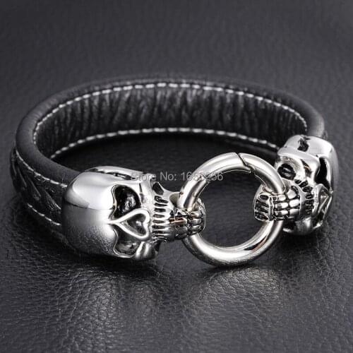 22mm wide 8.5'' NEW Top Quality 316L Stainless Steel Skull Clasp End Black Leather Bracelet Mens Jewelry