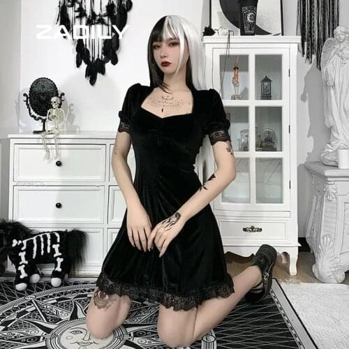 Zadily Women Dress Square Collar Short Sleeve High Waist Lace Black Lolita Mini Dresses 2021 Summer Fashion Female Clothing