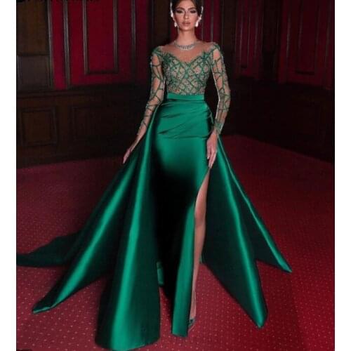 Green Muslim Evening Dresses A Line Long Sleeves Green Slit Beading Islamic Dubai Kaftan Saudi Arabic Long Evening Gown