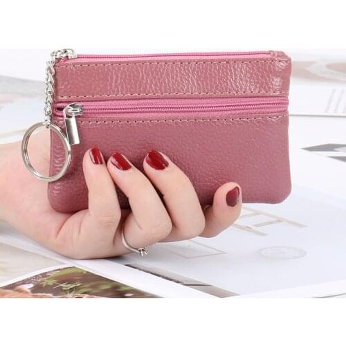 Women Leather Coin Purse Two Zipper Mini Pouch Change Wallet with Key Ring Credit Card Holder Female Small Clutch Wallet