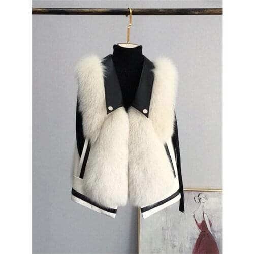 2020 new design womens turn down collar PU leather patchwork faux fur sleeveless short vest coat warm thickening casacos plus s