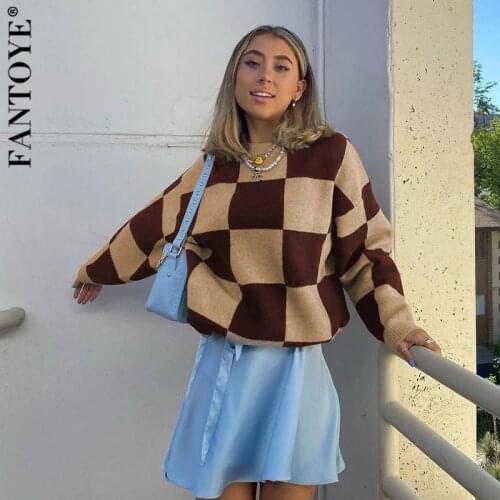 Fantoye Knitted Plaid O-neck Elastic Women Sweater Brown Long Sleeve New Casual Sweater Ladies Autumn Loose Streetwear Tops 2021