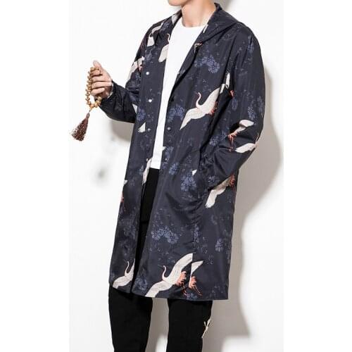 Chinese Style Tops 2020 News Coat Linen Printed Crane Casual Long Gown New Year Clothes Traditional Chinese Clothing Men CN-127