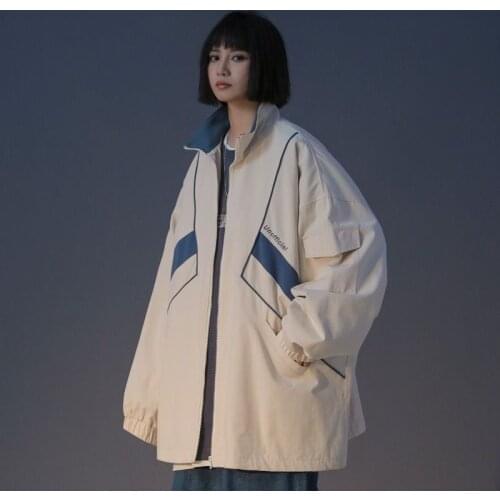 Womens Coat Double-layer Contrast Jacket New Korean Loose Tooling Windbreaker Baseball Uniform Womens Coat