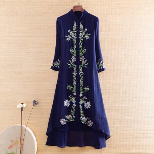 Chinese Style Women Qipao Dress Autumn Royal Embroidery Flowers Vingtage Elegant Lady Luxurious Loose Cheongsam Dress S-XXL