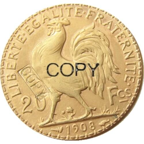 1908 France 20 Franc Rooster Gold Plated Copy Coin