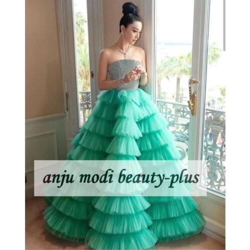 2021 Turquoise Beaded Tiered Prom Dresses Long Strapless Puffy Formal Evening Party Ball Gown Robe De Soiree