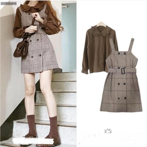 2021 New Year Date Vintage Retro Korean Japan Style Preppy Girls Little Mini Plaid Shirt Dress