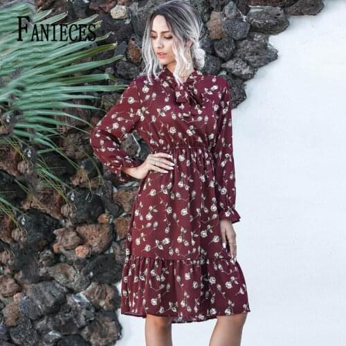 FANIECES Bohemia Floral Print Chiffon High Waist Midi Dresses Women Autumn Long Sleeve Turletneck Lace Up Holiday Sweet Vestidos