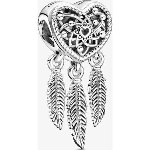 2020 New 925 Sterling Silver color Openwork Heart three Feathers Charm Beads Fit Original 3mm Charm Bracelet Jewelry Gift