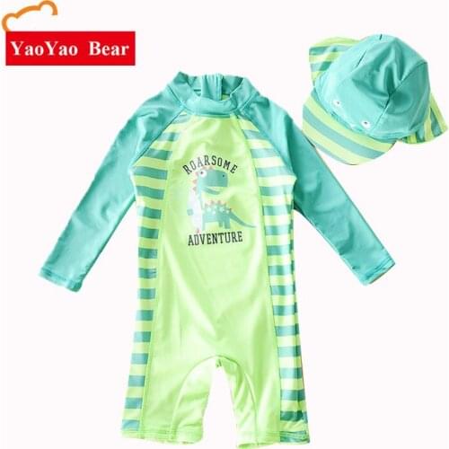 Chilren Swimsuit Baby Boy Handsome Dinosaur Beach Sunscreen Clothing Kids Rash Guard Baby Boy Swimwear And Cap In One Set