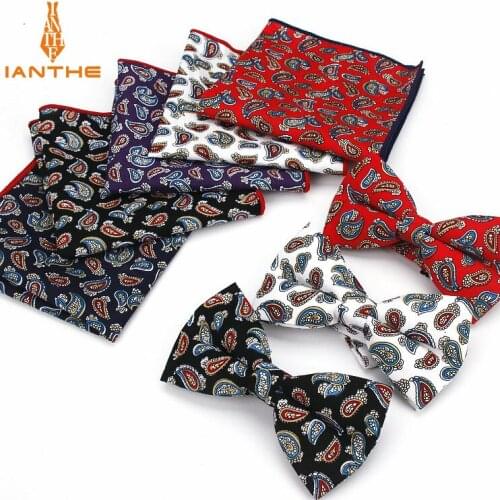 New 2 PCS Mens Cotton Adjustable Suits Paisley Print Bow Tie Sets Bowtie Handkerchief Pocket Square Set Wedding Party Butterfly
