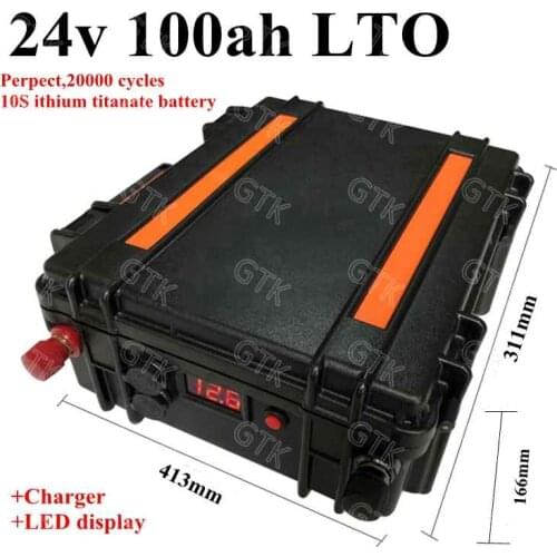 GTK customized LTO 24V 100ah Lithium titanate battery pack 100A BMS for 2400W Solar inverter golf cart lamp vehicle +10A Charger