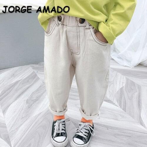 2021 Hot Sale New Korean Style Autumn Kid Boys Girls Jeans Elastic Waist Blue White Pocket Denim Harlem Pants Kids Clothes E0101