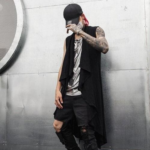 Men summer cotton & linen street punk hip hop long vest side split irregular design sleeveless jacket man vintage casual cloak